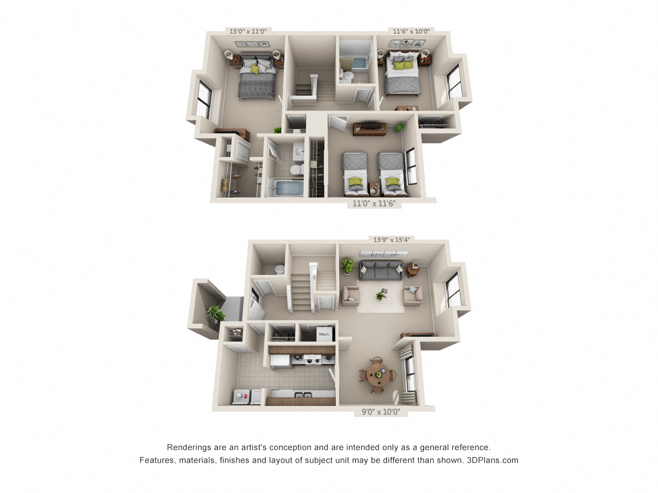 Floor plan for 3 beds, 2.5 baths, 1466 sqft